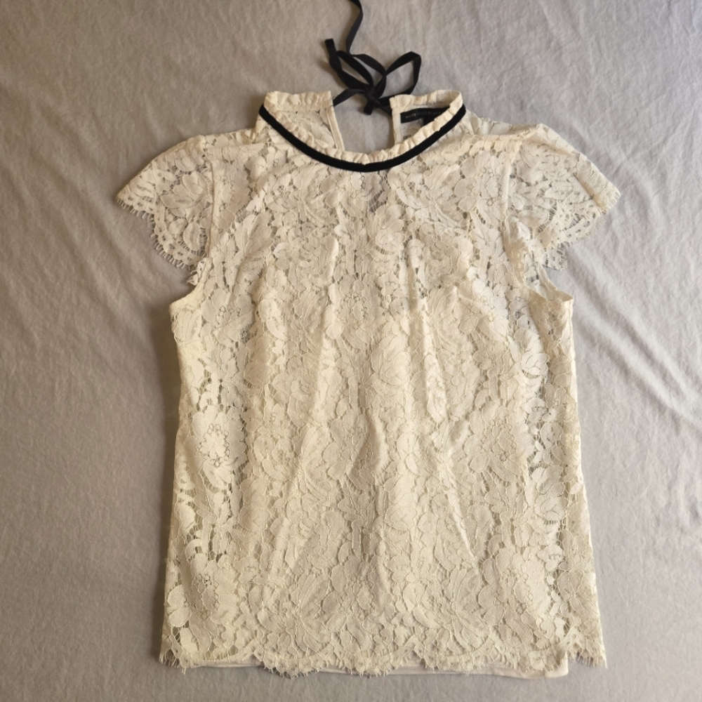 White House Black Market Lace Cap Sleeve Lace Bow Neck Shirt S - Coquette